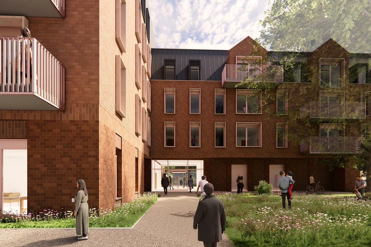 Architect’s visualisation of the courtyard and entrance at Bellegrove
